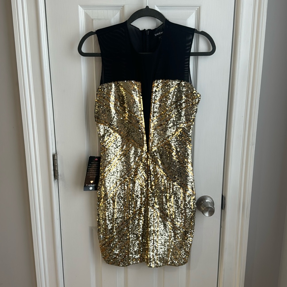 bebe Gold Sequin Black Mesh Cocktail Party Dress NWT